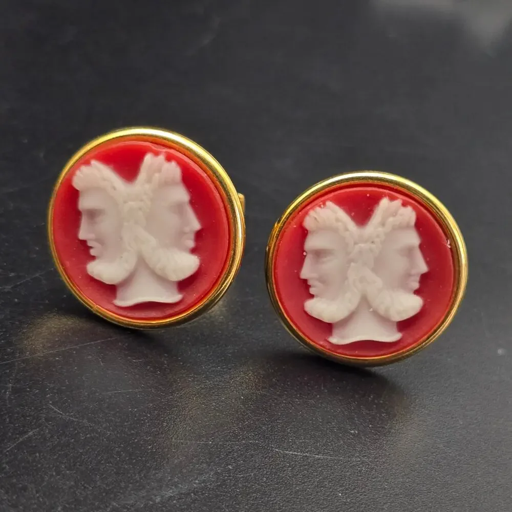 Orange Janus Cameo Cufflinks Greek Roman Gold Gold Tone Vintage NOS
